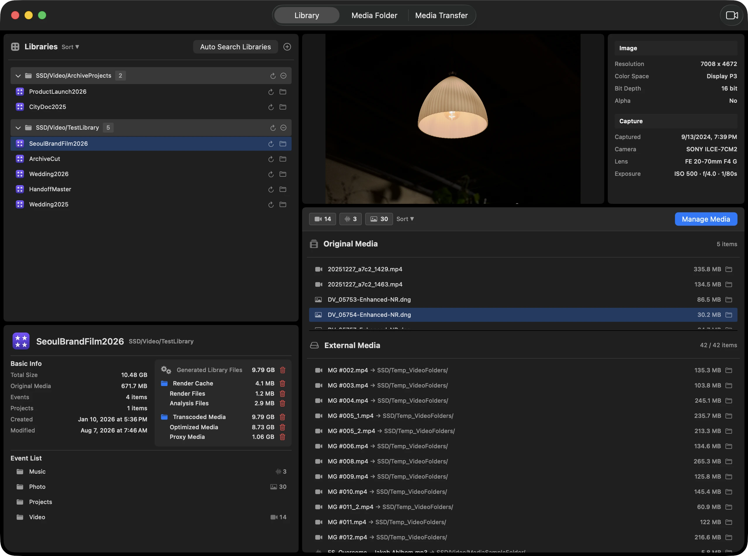 Footage Manager Library view with photo preview, metadata, library information, and media lists